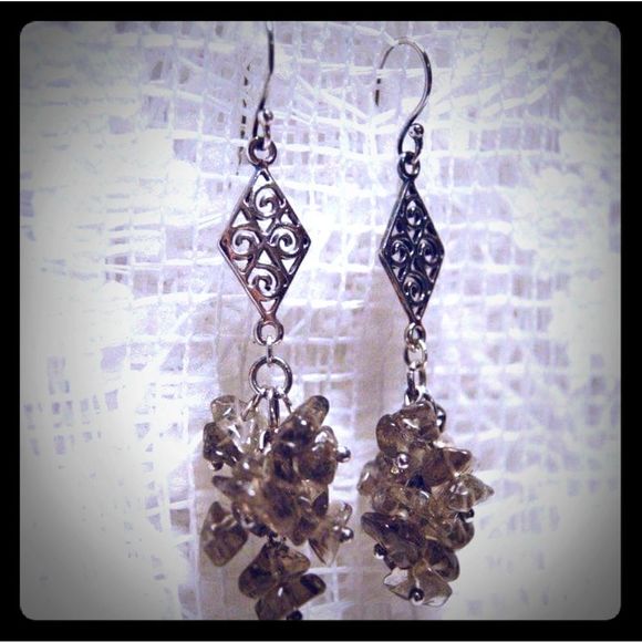 Handmade Sterling Silver Swirly Scroll & Gray Smoky Quartz Chip Cluster Earrings - Picture 1 of 5